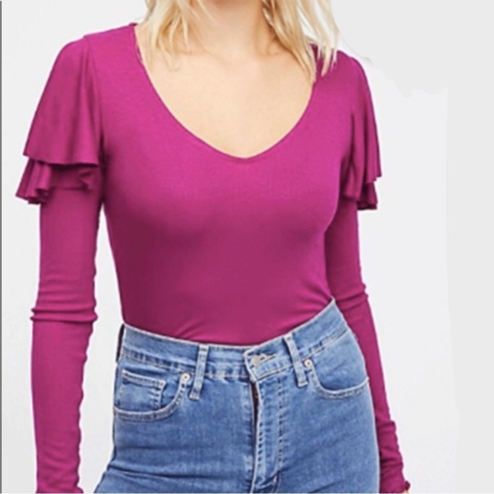 We The Free Fuchsia Ruffle Sleeve tee